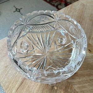 Vintage cut Glass Serving Bowl with Hobstars, Etched Grapes, and Sawtooth Edge